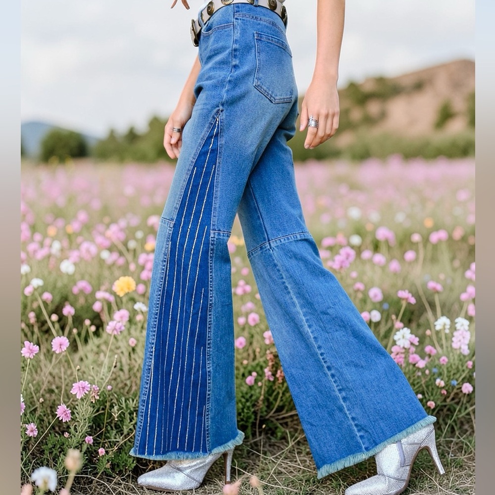 080 • High Rise Colorblock Bell Bottom Flare Rhinestone Stripe Side Panel Jeans
